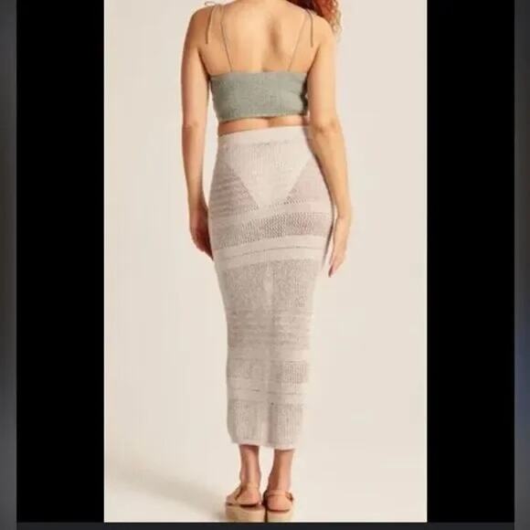 Abercrombie & Fitch NWT Tan Open Crochet Knit High Waist Unlined Midi Maxi Skirt - Picture 3 of 9